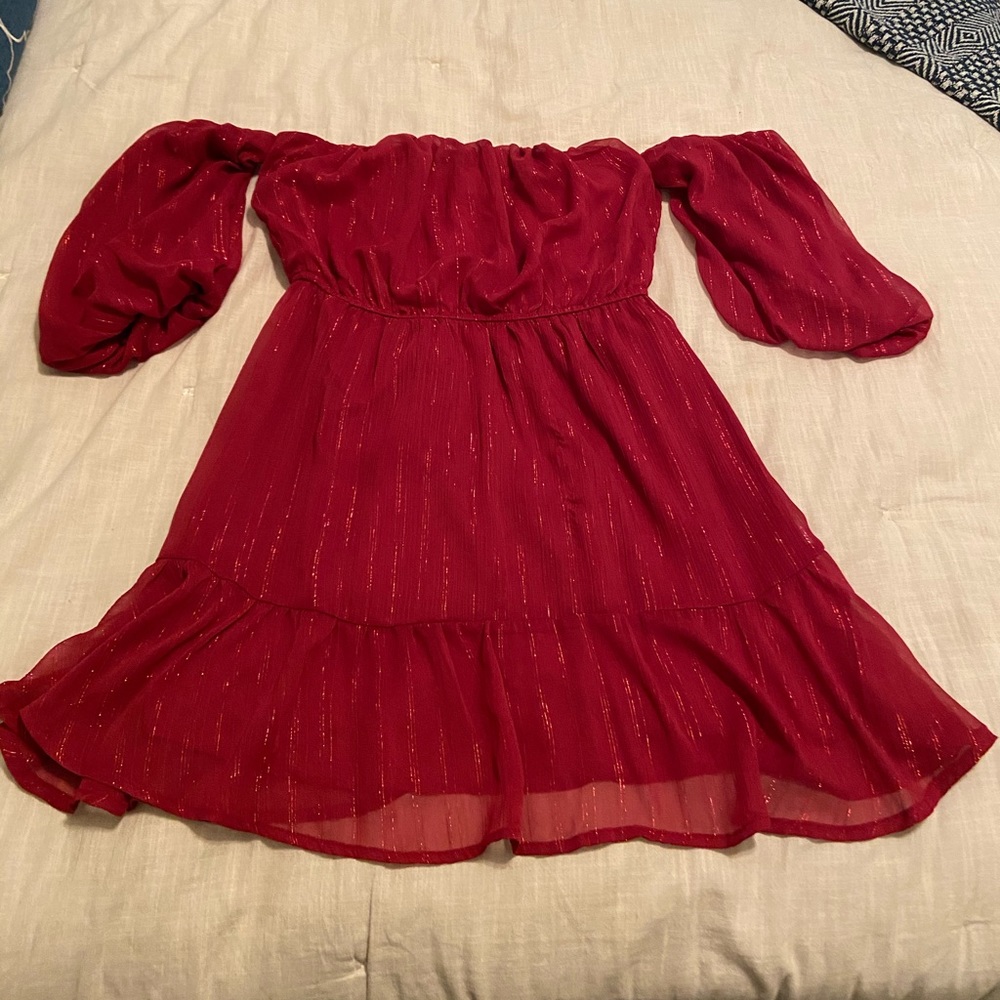 Maroon shimmer off the shoulder cocktail dress